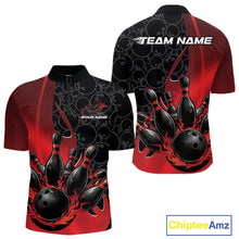 Load image into Gallery viewer, Mens quarter zip bowling shirt mockup showcasing black and red design with flaming black bowling ball striking pins and subtle gradient bowling ball pattern
