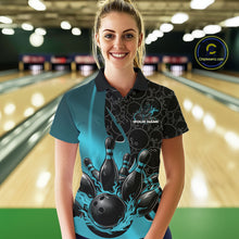 Load image into Gallery viewer, Custom Black And Blue Flame Bowling Team Women Polo Shirt, Bowling Ball Pattern Jerseys IPHW11278