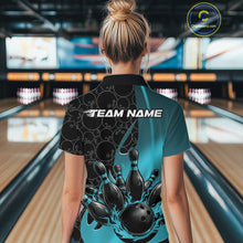 Load image into Gallery viewer, Custom Black And Blue Flame Bowling Team Women Polo Shirt, Bowling Ball Pattern Jerseys IPHW11278