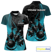 Load image into Gallery viewer, Custom Black And Blue Flame Bowling Team Women Polo Shirt, Bowling Ball Pattern Jerseys IPHW11278