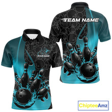 Load image into Gallery viewer, Front and back view of a mens black and blue bowling polo shirt mockup featuring gradient bowling ball pattern with flaming black bowling ball striking pins dynamic graphics.