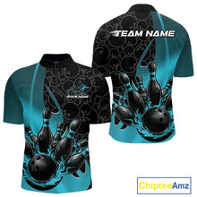 Load image into Gallery viewer, Mens quarter zip bowling shirt mockup front and back, black and blue shirt with bowling ball pattern, gradient effects and flaming bowling ball strike artwork