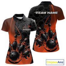 Load image into Gallery viewer, Front and back view of a womens black and orange polo shirt mockup featuring gradient bowling ball pattern with flaming black bowling ball striking pins sporty graphics.