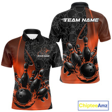 Load image into Gallery viewer, Front and back view of a mens black and orange bowling polo shirt mockup featuring gradient bowling ball pattern with flaming black bowling ball striking pins dynamic design.