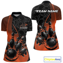 Load image into Gallery viewer, Womens quarter zip bowling shirt mockup featuring black and orange colorway with gradient bowling ball pattern and flaming bowling action artwork