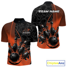 Load image into Gallery viewer, Mens quarter zip bowling shirt mockup front and back, black and orange shirt with bowling ball pattern, gradients and flaming bowling ball striking pins artwork