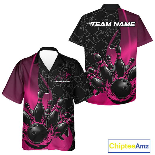 Front and back view of a black and pink button-up bowling shirt mockup featuring flaming black bowling ball striking pins with gradient bowling ball pattern graphics.