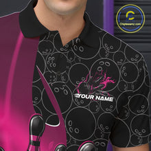 Load image into Gallery viewer, Custom Black And Pink Flame Bowling Team Men Polo Shirt, Bowling Ball Pattern Jerseys IPHW11280