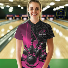 Load image into Gallery viewer, Female model in a bowling lane wearing black and pink quarter zip shirt, front view featuring flaming bowling ball striking pins dynamic sports design