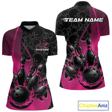 Load image into Gallery viewer, Womens quarter zip bowling shirt mockup displaying black and pink colorway with gradient bowling ball pattern and flaming black ball striking pins artwork