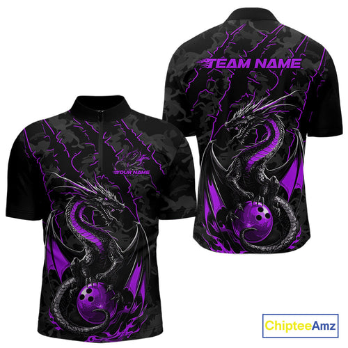 Custom Gray And Purple Camo Dragon Claws Bowling Men Quarter-Zip Shirts, Team Bowling Jerseys IPHW9856