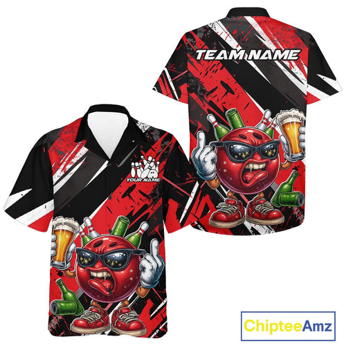 Custom Funny Bowling Ball Drink Beer Bowling Men And Women Hawaiian Shirt, Grunge Red Team Shirt IPHW10117
