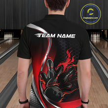 Load image into Gallery viewer, Male model seen from the back in a bowling lane wearing a black and red polo shirt featuring a flame bowling ball striking pins in a dynamic sports illustration.