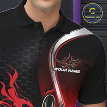Load image into Gallery viewer, Close-up view of the left chest area of a black and red bowling polo shirt showing a flame bowling ball and pins design detail.
