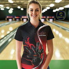 Load image into Gallery viewer, Female model front view at bowling lane wearing black and red polo shirt with flaming bowling ball hitting pins in powerful sports motion scene.