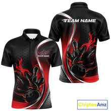 Load image into Gallery viewer, Front and back view mockup of a men’s black and red polo shirt featuring a flame bowling ball striking pins in a bold sports apparel design.