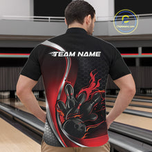 Load image into Gallery viewer, Male model front view in bowling alley wearing black and red quarter zip shirt featuring flaming bowling ball striking pins dynamic artwork
