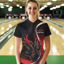 Load image into Gallery viewer, Female model front view in bowling alley wearing black and red quarter zip shirt with flaming bowling action artwork