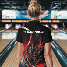 Load image into Gallery viewer, Back view female model inside bowling center wearing black and red quarter zip shirt featuring flame bowling ball hitting pins design