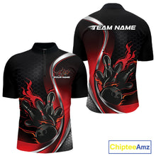 Load image into Gallery viewer, Mens quarter zip bowling shirt mockup, black and red colorway featuring flaming bowling ball striking pins bold illustration
