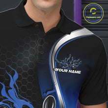 Load image into Gallery viewer, Close-up view of the left chest area of a black and blue bowling polo shirt showing a flame bowling ball and pins design detail.
