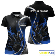 Load image into Gallery viewer, Front and back mockup of women’s black and blue polo shirt featuring flame bowling ball striking pins in clean, modern sports apparel styling.