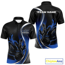 Load image into Gallery viewer, Front and back view mockup of a men’s black and blue polo shirt featuring a flame bowling ball striking pins in a clean sports apparel design.