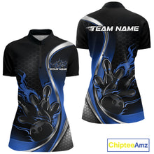 Load image into Gallery viewer, Womens quarter zip bowling shirt mockup, black and blue colorway showing flaming bowling ball hitting pins energetic design