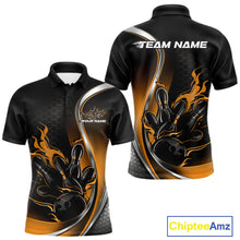 Load image into Gallery viewer, Front and back view mockup of a men’s black and yellow polo shirt featuring a flame bowling ball and pins design in a bright, energetic sports style.