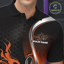 Load image into Gallery viewer, Close-up view of the left chest area of a black and orange bowling polo shirt showing a flame bowling ball and pins design detail.