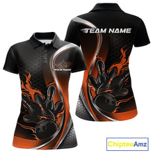 Load image into Gallery viewer, Front and back mockup of women’s black and orange polo shirt featuring flame bowling ball and pins in vibrant athletic apparel style.