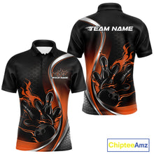 Load image into Gallery viewer, Front and back view mockup of a men’s black and orange polo shirt featuring a flame bowling ball and pins design in a vibrant sports apparel style.