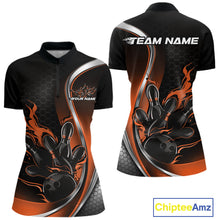 Load image into Gallery viewer, Womens quarter zip bowling shirt mockup in black and orange featuring flaming bowling ball knocking down pins design