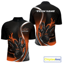 Load image into Gallery viewer, Mens quarter zip bowling shirt mockup, black and orange version featuring flaming bowling ball striking pins bold illustration