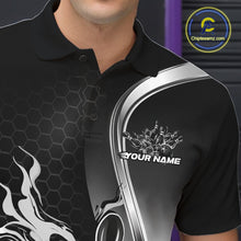 Load image into Gallery viewer, Close-up view of the left chest area of a black and gray bowling polo shirt showing a flame bowling ball and pins design detail.