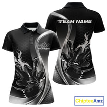 Load image into Gallery viewer, Front and back mockup of women’s black and gray polo shirt featuring flame bowling ball striking pins in bold sports-inspired apparel design.