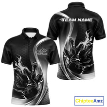Load image into Gallery viewer, Front and back view mockup of a men’s black and gray polo shirt featuring a flame bowling ball and pins design in a clean, modern sports apparel style.