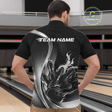 Load image into Gallery viewer, Male model front view in bowling venue wearing black and gray quarter zip shirt showcasing flaming bowling strike graphics