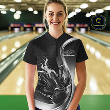 Load image into Gallery viewer, Female model front view at bowling lane wearing black and gray quarter zip shirt with flame bowling ball and pins artwork
