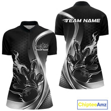 Load image into Gallery viewer, Womens quarter zip bowling shirt mockup in black and gray with flaming bowling ball striking pins action graphics