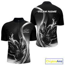 Load image into Gallery viewer, Mens quarter zip bowling shirt mockup, black and gray colorway featuring flaming bowling ball striking pins dynamic artwork