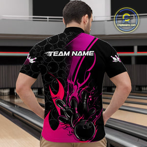 Custom Pink Flame Bowling Pattern Bowling Men Quarter-Zip Shirt, Bowling Team League Shirt IPHW9882