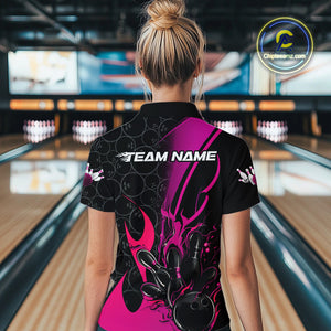 Custom Pink Flame Bowling Pattern Bowling Women Quarter-Zip Shirt, Bowling League Shirt IPHW9882