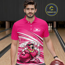 Load image into Gallery viewer, Male model wearing a pink bowling polo shirt in a bowling center with a tropical flamingo, sunglasses, and bowling ball illustration.