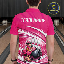 Load image into Gallery viewer, Back view of a male model in a pink bowling polo shirt displaying a tropical flamingo artwork resting against a bowling ball.