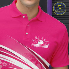 Load image into Gallery viewer, Close-up left chest detail of a pink bowling polo shirt featuring a tropical flamingo in sunglasses beside a bowling ball.