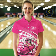 Load image into Gallery viewer, Female model wearing a pink bowling polo shirt at a bowling lane with a tropical flamingo in sunglasses beside a bowling ball.