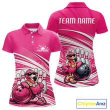 Load image into Gallery viewer, Front and back mockup of a pink women’s bowling polo shirt featuring a tropical flamingo wearing sunglasses and leaning on a bowling ball.