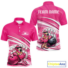 Load image into Gallery viewer, Front and back views of a pink mens bowling polo shirt featuring a tropical flamingo wearing sunglasses and leaning on a bowling ball.