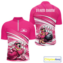 Load image into Gallery viewer, Front and back mockup of a pink men’s bowling quarter-zip shirt featuring a tropical flamingo wearing sunglasses and leaning on a bowling ball.